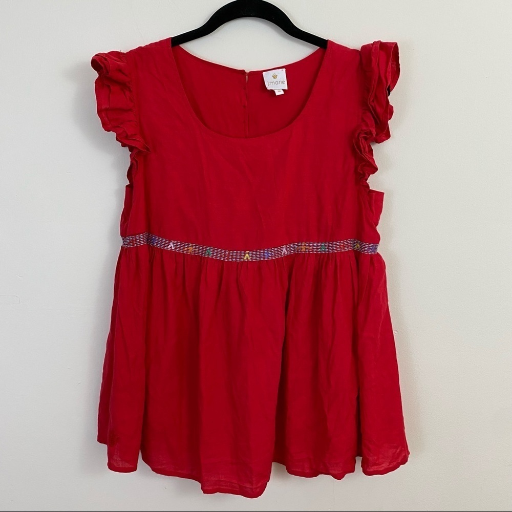 J.Marie Red Ruffle Sleeve Tank Embroidered Sleeveless Button Back Medium